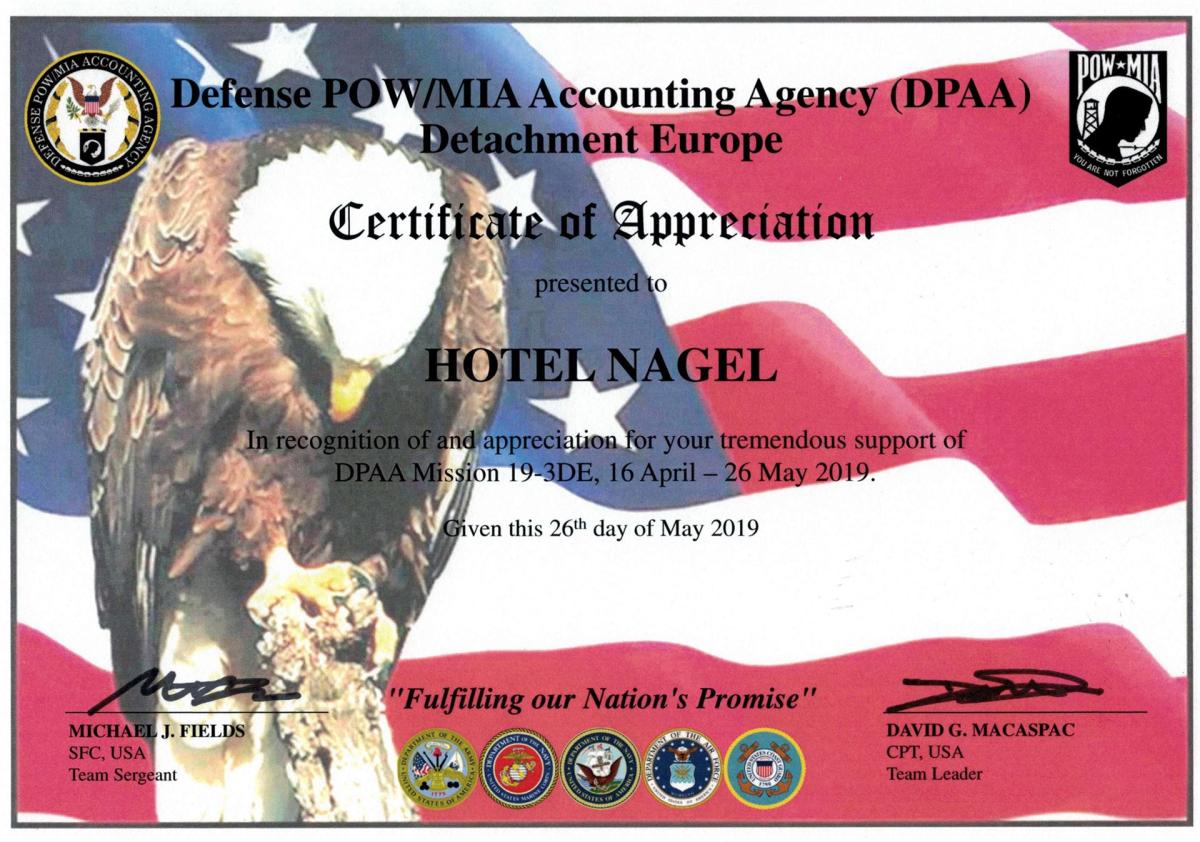 Zertifikat "Certificate of Appreciation" erhielt das Hotel Nagel für die gute Betreuung einer Arbeitsgruppe der US Armee